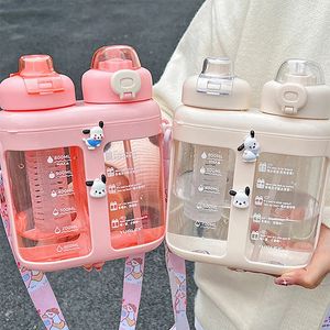1600 ml dubbele drinkstrawwater flessen met tijd marker kinderen buitenschool grote capaciteit plastic melkfruitsap cup 240530