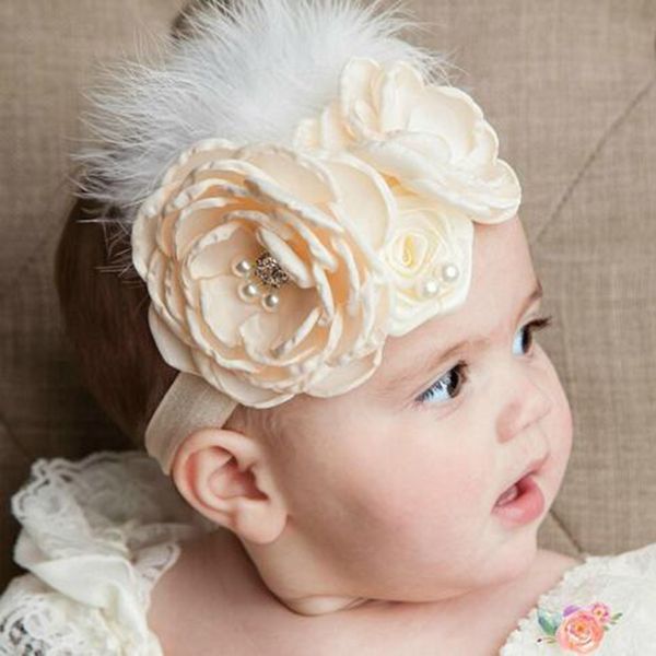 16045, bandas para la cabeza para bebés y niñas, diadema elástica de plumas con flores, tocados para niños, diademas de belleza para bebés, accesorio para el cabello para niños