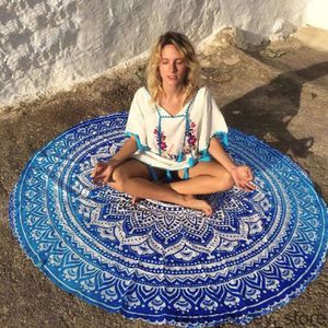 Toalla de playa redonda grande de 160 cm, toalla de baño con flor de loto azul, servilleta de peonía azul, tapiz de mandala indio, toalla para colgar en la pared