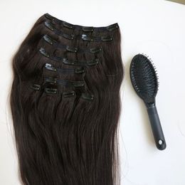 160g 20 22 inch 100% echt haar Clip in Hair Extensions Glad Braziliaans haar 1B #/Off Zwart Remy Steil haar 10 stks/set gratis kam