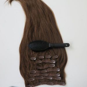 160G 20 22 inch 100% Menselijk Haar Clip in Hair Extensions Smooth Braziliaans Haar 6 # / Medium Bruin Straight Hair 10pcs / Set Free Comb
