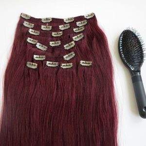 160g 20 22 pouces Clip dans les extensions de cheveux humains Cheveux brésiliens 99J # / Vin rouge Remy Cheveux raides tisse 10pcs / set peigne gratuit