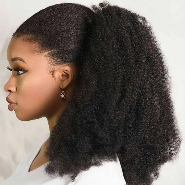 160g Cheveux Humains Crépus Queues De Cheval Postiches Pour Les Femmes Noires Américaines Afro Bouclés Queue De Cheval Cordon Clip Sur La Queue De Poney 4 Couleurs Disponibles