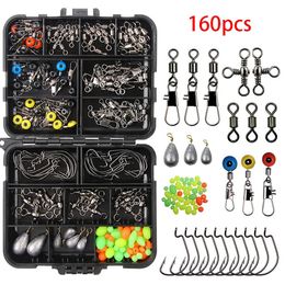 160pcsset matériel de pêche ensemble crochets de gabarit perles plombs poids émerillons boutons-pression curseurs Kit accessoire de pêche 231225