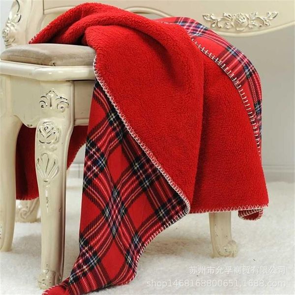 Manta térmica gruesa de 160x130cm para sofá, manta decorativa para sofá a cuadros escoceses rojos, manta de sherpa de lana de coral blando 21112247J