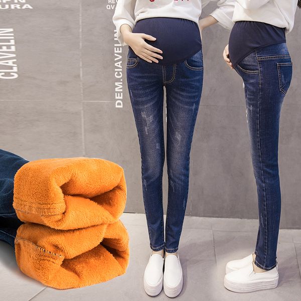 1610 # Invierno Espesar Cálido Plus Terciopelo Denim Jeans de maternidad Cintura alta Pantalones de vientre Ropa para mujeres embarazadas Pantalones de embarazo LJ201114