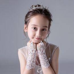 16179 Kinderen kanten pailletten handschoenen Mittens Girls Wedding Jurk Flower Girl Bandage Dress Gloves Bare Finger Party Performance Dance Glove