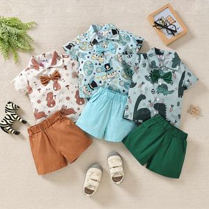 16199 Zomer Baby Jongens Outfits Set Kinderen Cartoon Dinosaurus Dieren Print Vlinderdas Korte Mouw Met Shorts 2 Stuks Kleding Sets