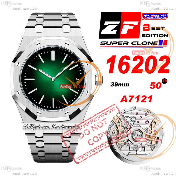 16202 Jumbo Extra-Thin A7121 Montre automatique pour homme ZF 39 mm 50e anniversaire Vert Sunburst Tapisserie Cadran Bracelet en acier inoxydable Super Edition Puretimewatch