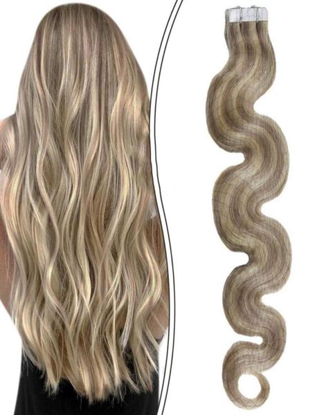 Cinta de trama de piel adhesiva de 1624 pulgadas en extensiones de cabello humano 20pcs conjunto multi color6076001