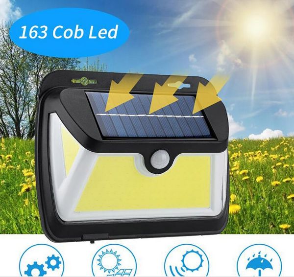 Lampe solaire à 163 LED COB, disponible dans des conditions météorologiques extrêmes, avec capteur de mouvement PIR, étanche IP65, éclairage d'extérieur grand angle pour jardin