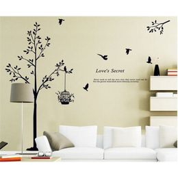 165 * 150 cm (65 * 59 inch) Black Tree Bird Cage Vinyl Decals voor Woonkamer / Slaapkamer Muurstickers Woondecoratie Wallpapers 201106