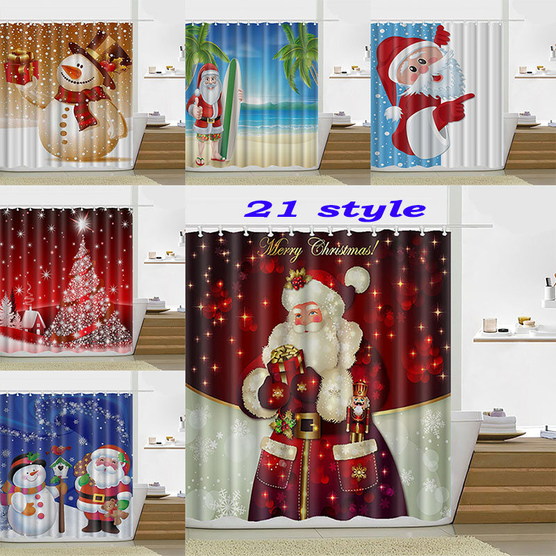 165*180cm Christmas Shower Curtain Santa Claus Snowman Waterproof Bathroom Shower Curtain Decoration With Hooks Free DHL WX9-107