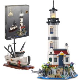 1677PCS Elektrische vuurtoren Bouwstenen Bouwstenen Fisherman Rescue Boats Lighthouse Model Bakstenen met lichte kinderen Toys Christmas Gifts