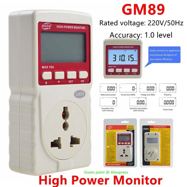 Version 16A du moniteur numérique miniature haute puissance GM89 AC220V 50Hz compteur d'énergie testeur de watt uniquement prise ue/US avec écrans LCD