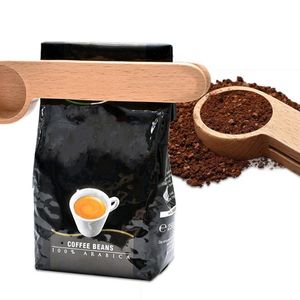 Cuchara de café de madera 2 en 1 de 16cm y Clip para bolsa, cuchara medidora de madera de haya maciza, sellador de bolsas de café adecuado para granos molidos