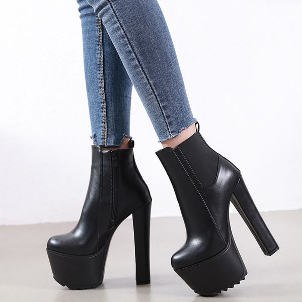 Bottines noires en cuir à talons hauts de 16cm pour femme, chaussures d'automne de Style Punk, chaussures à plateforme de styliste, 2021