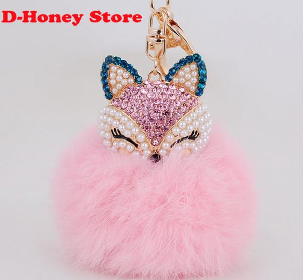 16CM lapin fourrure renard porte-clés Bling strass renard réel boule de fourrure de lapin moelleux porte-clés voiture porte-clés anneau pendentif sac Charm294h