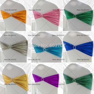 Banda para silla de LICRA metálica bronceadora elástica de 16 colores/lazo para silla con hebilla de plástico redonda para uso en bodas