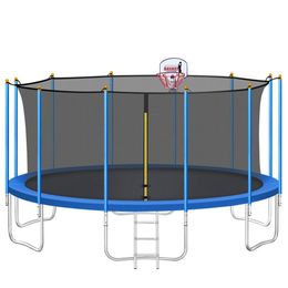Trampolines de 16 pieds pour enfants avec boîtier de sécurité net, échelle et 12 poteaux de sécurité, rembourrage de la couverture à ressort, cerceau de basket-ball US Stock2770