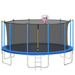 Trampolines de 16 pieds pour enfants avec boîtier de sécurité Net, échelle et 12 poteaux de sécurité, rembourrage de la couverture de ressort, cerceau de basket-ball US Stock3004