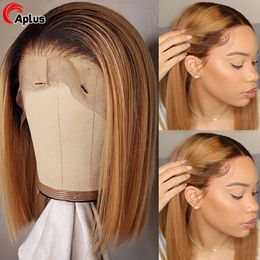 Perruque Bob Lace Closure Wig brésilienne Remy, cheveux naturels lisses, blond miel 4x4, ombré, pre-plucked, 16 pouces, 150