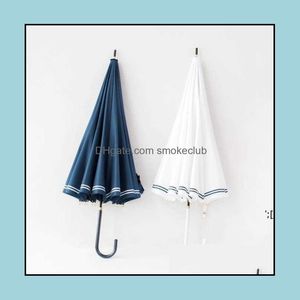 16K Elegante kleine Verse Navy Wind Stripe Tra Light Gebogen Handvat Rechte Pole Paraplu Lange parasols Seaway PAF14001 Drop levering 2021 R