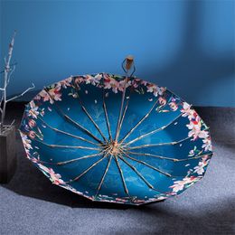Parapluie coupe-vent à trois plis pour femmes, fleur de rose, manche en bois, revêtement de couleur, protection solaire UV ensoleillée et pluvieuse, 16K, 220426