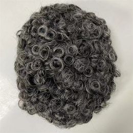 16mm Curl Gris Couleur Brésilien Vierge Remplacement de Cheveux Humains 8x10 Cheveux Noués Plein PU Toupee Unité de Peau pour Hommes Noirs Livraison Express Rapide
