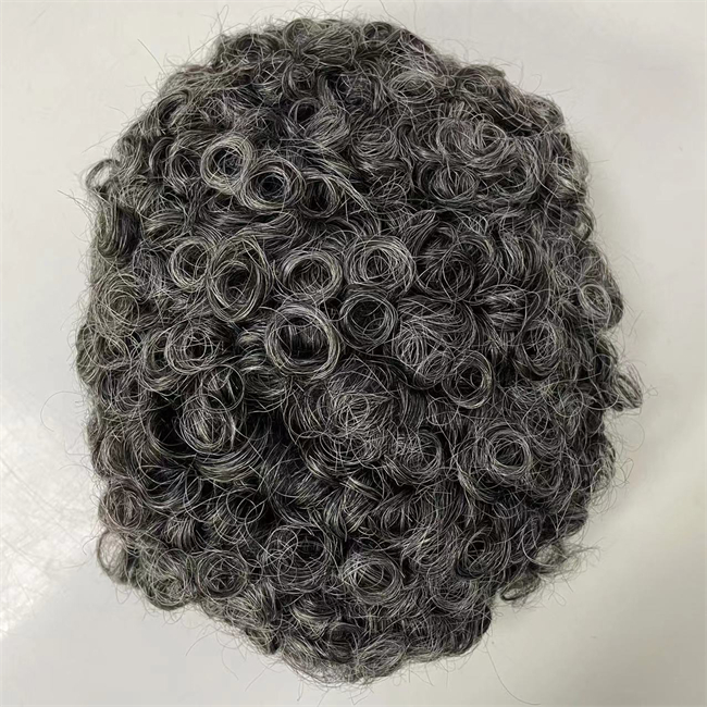 16mm Curl Grey Color Brazilian Virgin Human Hair Replacement 8x10 Knoted Hair Full PU Toupee Skin Unit for Black Men Fast Express Delivery