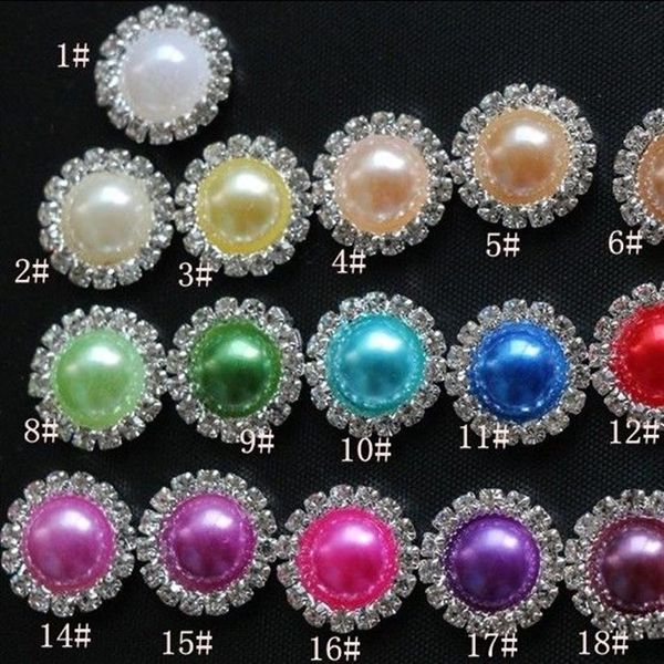 Botones de perlas de cristal con parte trasera plana de 16mm, lote de 50 Uds., 19 colores, diamantes de imitación de Metal, joyería de diamantes sueltos DIYl313v