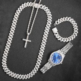 16 mm Hip Hop Miami Cuban Link Chain Set Collier Watchbracelet Creative Iced Out Shiny Bijoux élégant à la mode pour femmes Hommes 240410