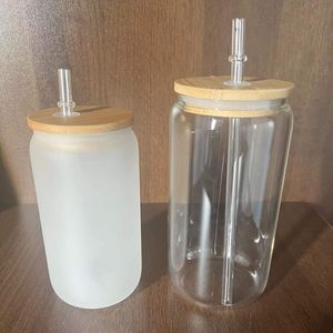 16oz 12oz Sublimation Glass Mason Jars Chopes à bière Coupe droite avec couvercle en bambou et paille clair ou givré