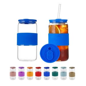 16oz 20oz Helder Frisdrank Bierblikje Glazen Bekers Met Kleurrijke Siliconen Hoes En Deksels Mason Tumbler Sappot Ijsdrank Drinkglazen Smoothie Kopjes Koffiemokken