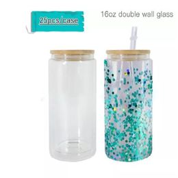 16 oz 25 oz Sublimación de doble pared Lata de vidrio Globo de nieve Vaso de vidrio Vaso de cerveza Vasos para beber transparentes con tapa de bambú y Reusabl2278