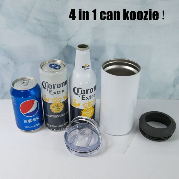 16 oz 4 en 1 gobelet à sublimation blanc canettes refroidisseur koozie blanc gobelet droit en acier inoxydable 2 couvercles tasse à café bouteille d'eau rapide AAA