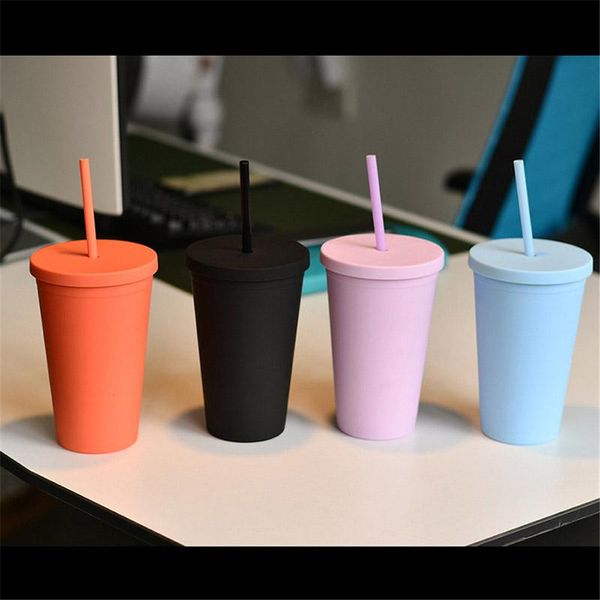 Vaso de cono acrílico de 16 oz, taza de agua aislada de doble pared con tapa, paja colorida para proveedor doméstico, botella de viaje