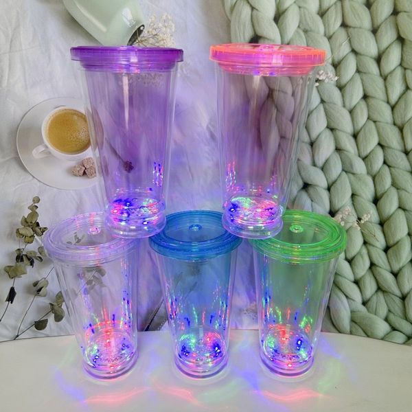 Luz acrílica de 16 oz Tumblers parpadeantes con tapa y pajitas de nieve globo de nieve vaso de plástico transparente de plástico transparente al por mayor