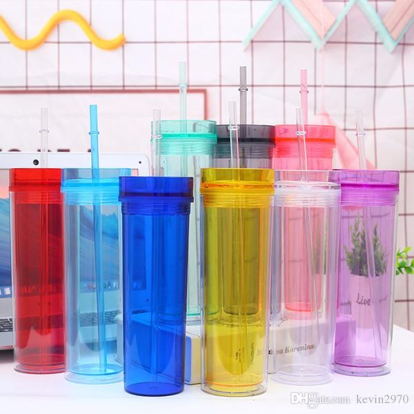 16OZ Acrylique Maigre Tumbler Multicolore Tasses En Plastique Transparent Avec Couvercles Et Pailles Bouteille D'eau Droite À Double Paroi