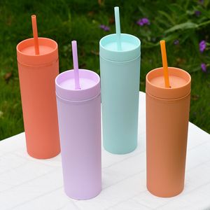 Gobelet slim en acrylique de 16oz, gobelet à Double paroi, tasse à café en plastique avec couvercle et pailles