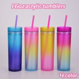 16oz Acryl Skinny Tumblers gradiënt regenboog kleur acryl tumblers met deksels en rietjes 2 lagen plastic tuimelaars met stro Z11