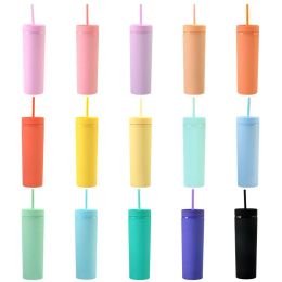 Gobelets maigres en acrylique de 16 oz Gobelets en acrylique de couleur mate avec couvercles et pailles colorées Gobelets en plastique à double paroi avec paille GRATUITE 12 LL