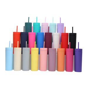 Gobelets maigres en acrylique de 16 oz Gobelets en acrylique de couleur mate avec couvercles et pailles colorées Gobelets en plastique à double paroi avec gobelet réutilisable en paille GRATUIT 001