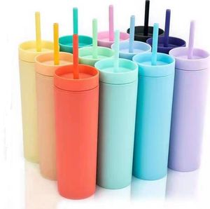 16oz Acryl Skinny Tumblers Matte Kleuren Dubbele Muur 500ml Tumbler Koffie Drinken Plastic Sippy Cup met Deksel Rietjes SN5337