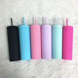 16oz Acryl Slanke Magere Tumbler Kleurrijke Matte Waterfles Met Deksel Stro Dubbele Wand Voor Jaar Feestgeschenken 240124