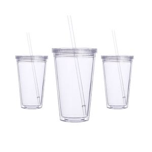 16oz Acryl Tumbler Clear Cone Water Cup met deksel en stro Double Wand Draagbare bierbeker Transparante plastic fles voor reizen