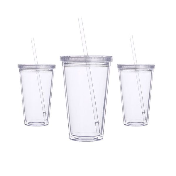 Vaso de acrílico de 16 oz, vaso de agua de cono transparente con tapa y pajita, vaso de cerveza portátil de doble pared, botella de plástico transparente para viajes