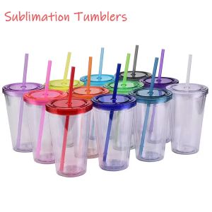 Vaso de acrílico de 16 oz Vasos delgados de plástico transparente Taza de agua de leche de doble pared clásica con tapa y pajitas Regalos de festival