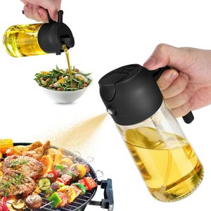 Fles 16 oz voor keuken - 2 in 1 olijfolie -dispenser en oliespuit - 470 ml fles - Oliesprayer voor koken, keuken, salade, barbecue zwart