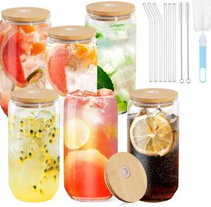 16 oz CAN USA Entrepôt Bouteilles d'eau DIY Sublimation vierge Can Gobelets en forme de tasses en verre de bière avec couvercle en bambou et paille pour café glacé Soda j0706